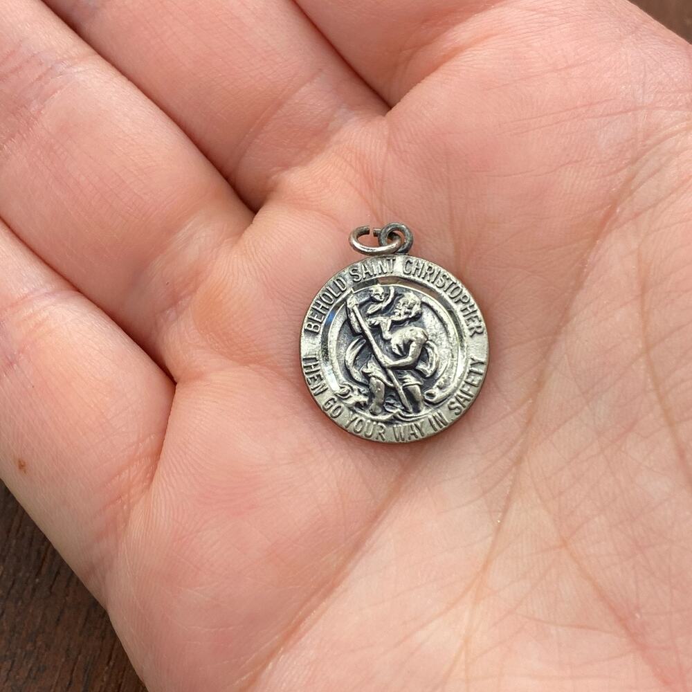 Vintage Wells 925 Sterling Silver Saint Christopher Medal Pendant Bracelet Charm